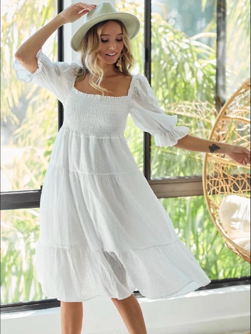 BiBi White Swiss Dot Midi Summer Dress